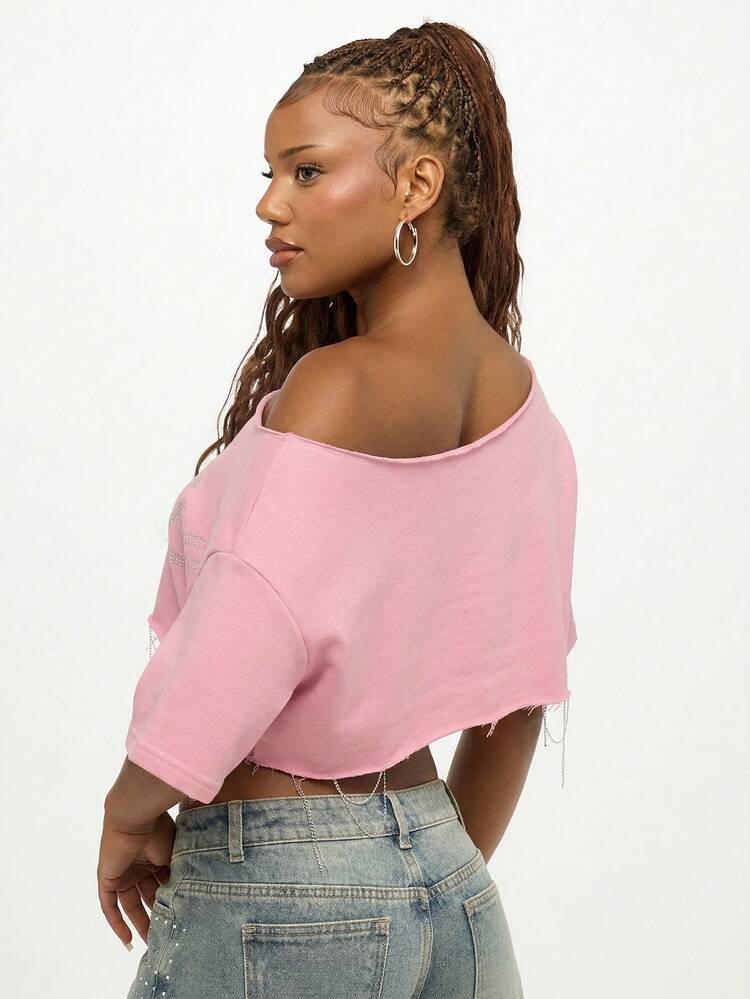 SUMWON WOMEN Rhinestone Logo Off Shoulder Cropped Sweatshirt Raw Hem Casual Pink Top Women Spring Fashion