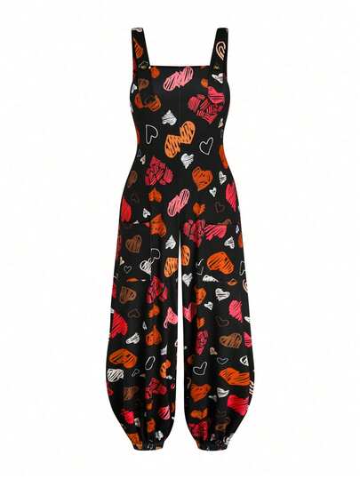 Lyrianda Plus Size Women Heart Pattern Drawstring Casual Jumpsuit