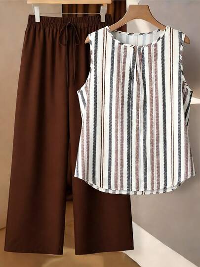 EMERY ROSE Plus Size Women's Striped Loose Vest Top And Casual Pants Two Pieces Set, Retro Style For Commuting And Vacation, Spring/Summer Versatile Elastic Waist Lightweight Comfortable Plus Size Two Pieces Set, New Fashion V-Neck Sleeveless Shirt Casual Style Summer Set