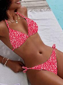 SHEIN Swim Ditsy Floral Print Halter Triangle Bikini Set Summer - Red and White - View 3