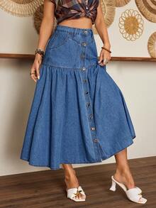 Breezaya Falda vaquera de línea A con botones dorados, cintura fruncida, holgada y elegante para mujer - Azul lavado medio - Ver 7