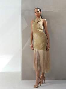 KSTM 女士花卉图案露背无袖中长连衣裙，流苏细节，不对称垂领设计，完美适合晚宴派对场合。 - 綠色 - 查看 3