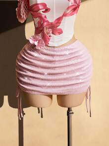 SHEIN ICON Chân váy ngắn có dây rút bên hông, đính hạt cườm dành cho nữ cỡ lớn, màu hồng. - Hồng - Xem 3
