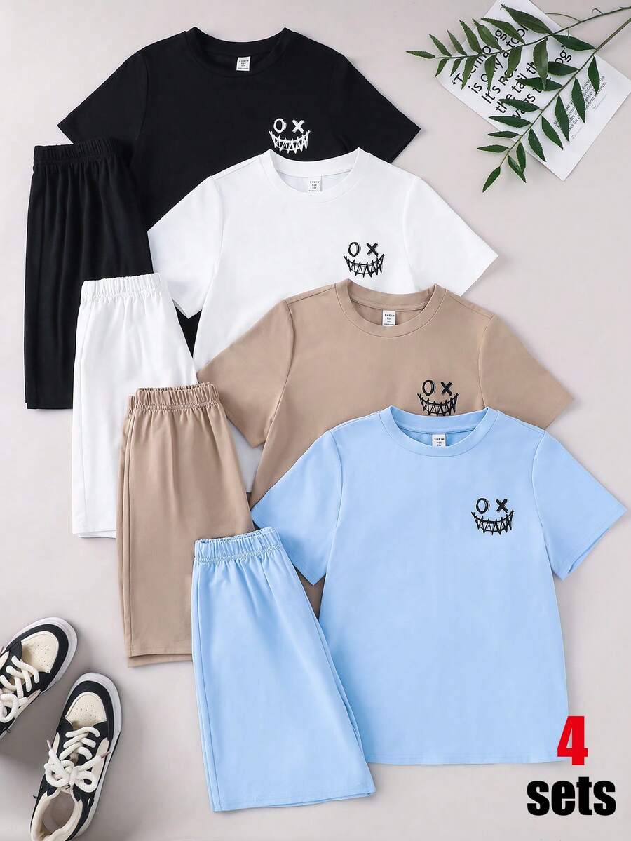 SHEIN 8件套/组，买四送四，青少年男童休闲酷炫印花圆领短袖T恤和短裤运动裤多件套装，白色套装、卡其色套装、黑色套装、蓝色套装、Y2K套装，基础款上衣，适合春夏、郊游、情人节、约会、旅行、度假、家庭聚会、返校季、婚礼季、正式场合、运动等场合。