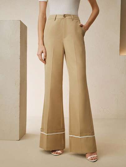 Anewsta New Casual Fashion Pants With Rolled Hem, Color Block Design, Side Pockets, Flared Leg, Elegant Women's Long Pants