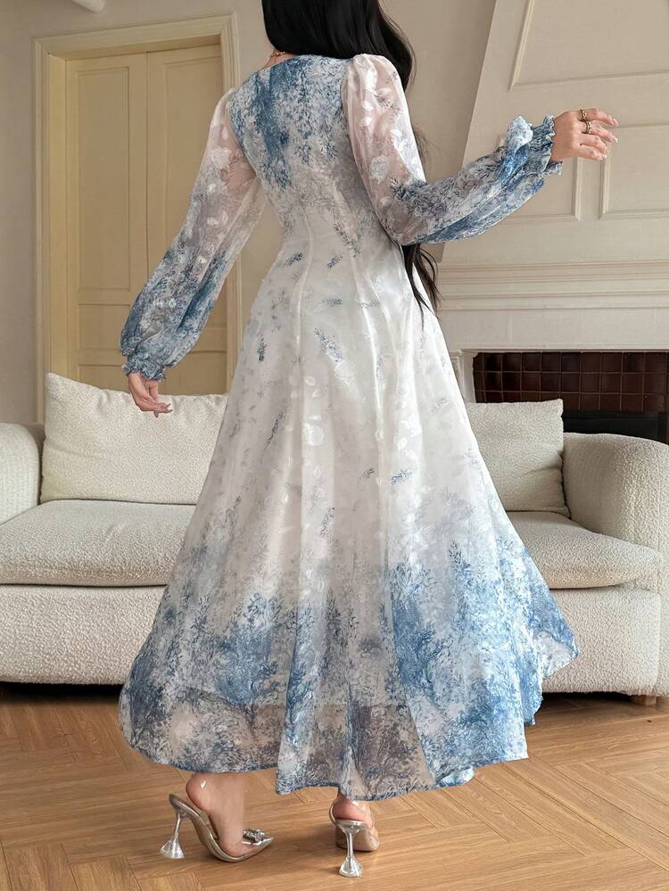 Women's Elegant Floral Petal Sleeve V-Neck Mid-Length Dress, Spring/Summer Maxi Dress Sundress