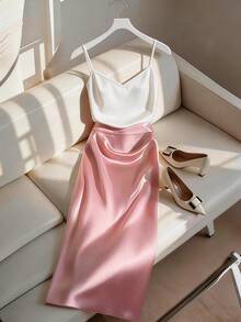 Franclia 2026 New Elegant Women's 2-Piece Set, V-Neck Camisole And Satin Skirt, Minimalist Chic Commuting Casual Style, A-Line High Waist Design, Suitable For Vacation - Multicolor - View 1