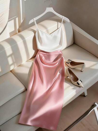 Franclia 2026 New Elegant Women's 2-Piece Set, V-Neck Camisole And Satin Skirt, Minimalist Chic Commuting Casual Style, A-Line High Waist Design, Suitable For Vacation