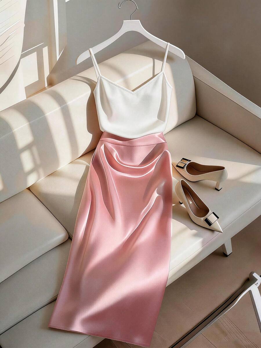 Franclia 2026 New Elegant Women's 2-Piece Set, V-Neck Camisole And Satin Skirt, Minimalist Chic Commuting Casual Style, A-Line High Waist Design, Suitable For Vacation - Multicolor - View 1