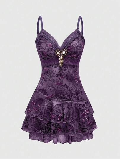 ROMWE Spring/Summer Women's Vintage Hippie Inspired Ruffle Ribbon Lace Paisley Print Mini Dress
