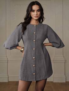 BELROSIE Women's Round Neck Single-Breasted Commuting Lantern Sleeve Dress - Grey - View 4