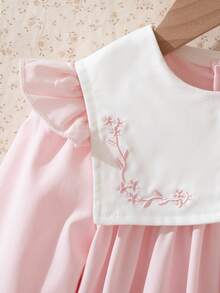 Souflis Souflis Girls' Vintage French Style Pink Fairy Summer Party Dress,Loose Floral Embroidery Lace Trim Contrast Collar Long Sleeve Casual School Photography - Pink - View 6