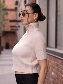 Andrea Bello 秋冬女式纯色休闲百搭高领短袖针织毛衣 - 杏色 - 查看 3