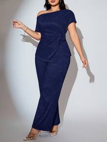 Modelyn Plus Size Elegant Commuter Solid Color Asymmetric Collar Split Top And Pants Two Pieces Set - Navy Blue - View 5