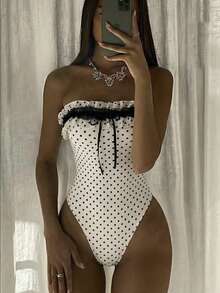 Swim Mod 1pc Women's Polka Dot Bandeau One-Piece Swimsuit, Lace Trim Design, Retro Chic Style Vacation Swimwear - White - View 7