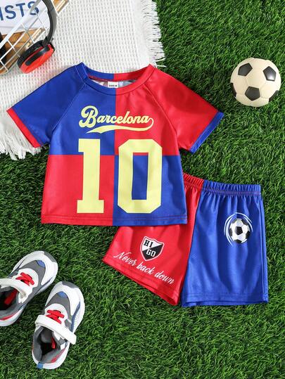 SHEIN Set de 2 piezas de jersey unisex para bebé, camiseta de manga corta con bloques de color contrastante y conjunto de pantalones cortos, equipo de Barcelona