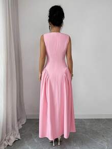 Elenzga 优雅无袖A字连衣裙，腰部褶皱设计，裙摆呈喇叭形，适合休闲、派对、度假、婚礼等各种场合，时尚粉色连衣裙 - 粉色 - 查看 2