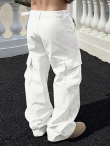 Manfinity LEGND 男士美式直筒宽松纯色多口袋休闲工装卡其裤，修身显瘦，工装裤，卡其裤，情人节男士 - 白色 - 查看 2