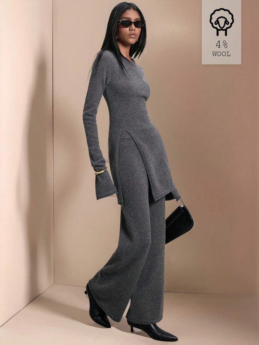 ATUI Studio 女士纯色圆领长袖侧开衩下摆毛衣和针织裤套装，时尚百搭，简约通勤装、日常穿着、度假风、办公装 - 灰色 - 查看 1