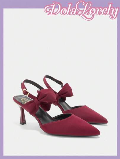 Dola Lovely Burgundy Satin Bow Pointed Toe Stiletto Heel Backless Shoes, Elegant Retro Lolita Tea Party Palace Style
