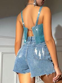 BamGleam 时尚性感水钻露脐吊带背心 - 淺藍色 - 查看 2