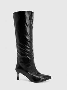 Glitzique Giày bốt cao đến đùi mũi nhọn ôm sát mới mùa thu/đông 2025, thiết kế có thể đảo ngược, nút vá, giày cao gót mèo con - màu đen - Xem 8