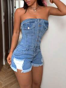 StreetHx 时尚休闲街头风破洞纽扣牛仔连体衣 - 中等水洗藍 - 查看 6