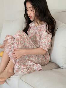 Dazy Kids 少女风全身印花纽扣设计短袖休闲连衣裙，适合度假夏季穿着 - 粉色 - 查看 6