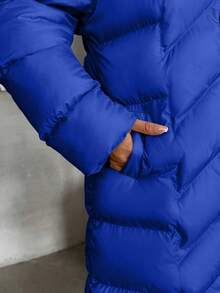 EURMUSE Women Solid Color Zipper And Pocket Detailed Long Winter Coats - Blue - View 9