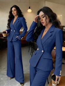 Rafferiza Women's Elegant Commuter Notched Collar Solid Color Blue Gold Button Blazer + Pocket Pants Set, Versatile For Autumn/Winter - Dusty Blue - View 1