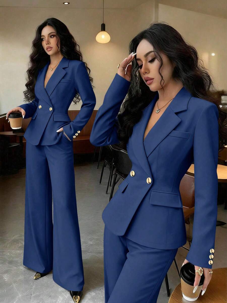 Rafferiza Women's Elegant Commuter Notched Collar Solid Color Blue Gold Button Blazer + Pocket Pants Set, Versatile For Autumn/Winter - Dusty Blue - View 1