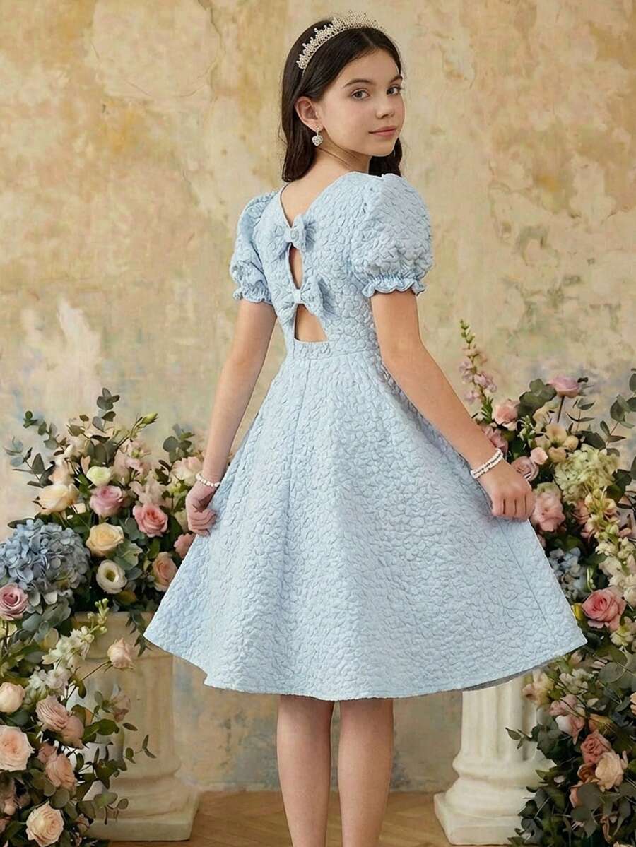 SHEIN Tween Girl Elegant Petal Sleeve Bow Decor Jacquard Fabric Dress Tween Girl - Baby Blue - View 1