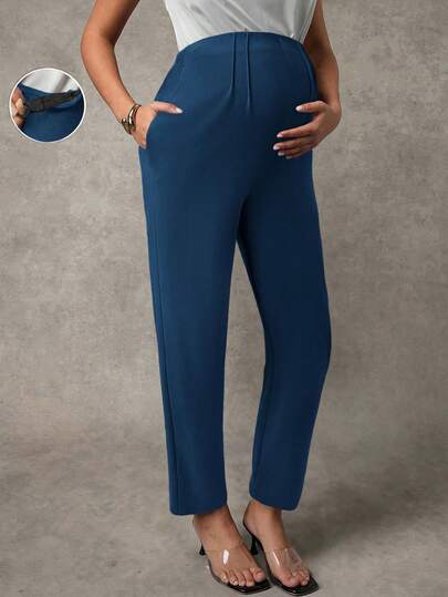 MaterniChic Maternity Solid Color High Waist Adjustable Waistband Casual Pants With Pockets