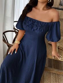 SHEIN LUNE Đầm trễ vai thanh lịch dành cho nữ cỡ lớn với họa tiết hoa 3D. - Màu xanh hải quân - Xem 6