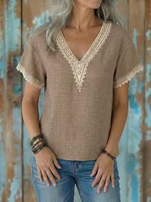 EMERY ROSE Women's V-Neck Casual Versatile Daily Wear Short Sleeve Shirt - Grey - View 6