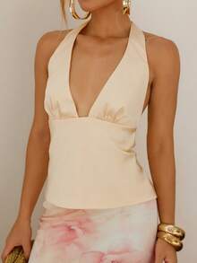 BiaLiraa 黄色缎面 V 领露背吊带背心、派对鸡尾酒会上衣、正式场合衬衫、性感女式缎面上衣、圣诞节、鸡尾酒会、商务休闲装、外出上衣 - 淡黃色 - 查看 4