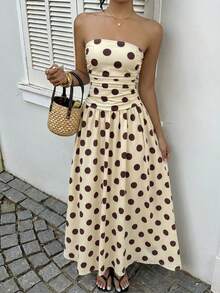 SHEIN EZwear Women's Brown Polka Dot Print Ruffle Hem Strapless Dress, Suitable For Vacation, Autumn Fashion, Wedding Guest Attire, Birthday Dress, Outing, Graduation, Back To School, Holiday, Competition, Party - Multicolor - View 4