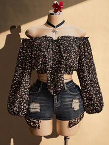 SHEIN ICON Áo croptop trễ vai buộc dây họa tiết hoa nhí dành cho nữ cỡ lớn - Nhiều màu - Xem 3