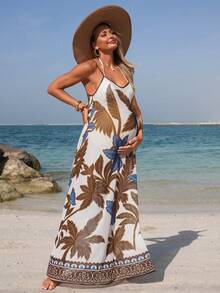 SHEIN Swim Vcay 孕妇沙滩度假植物印花无袖罩衫 - 彩色 - 查看 3