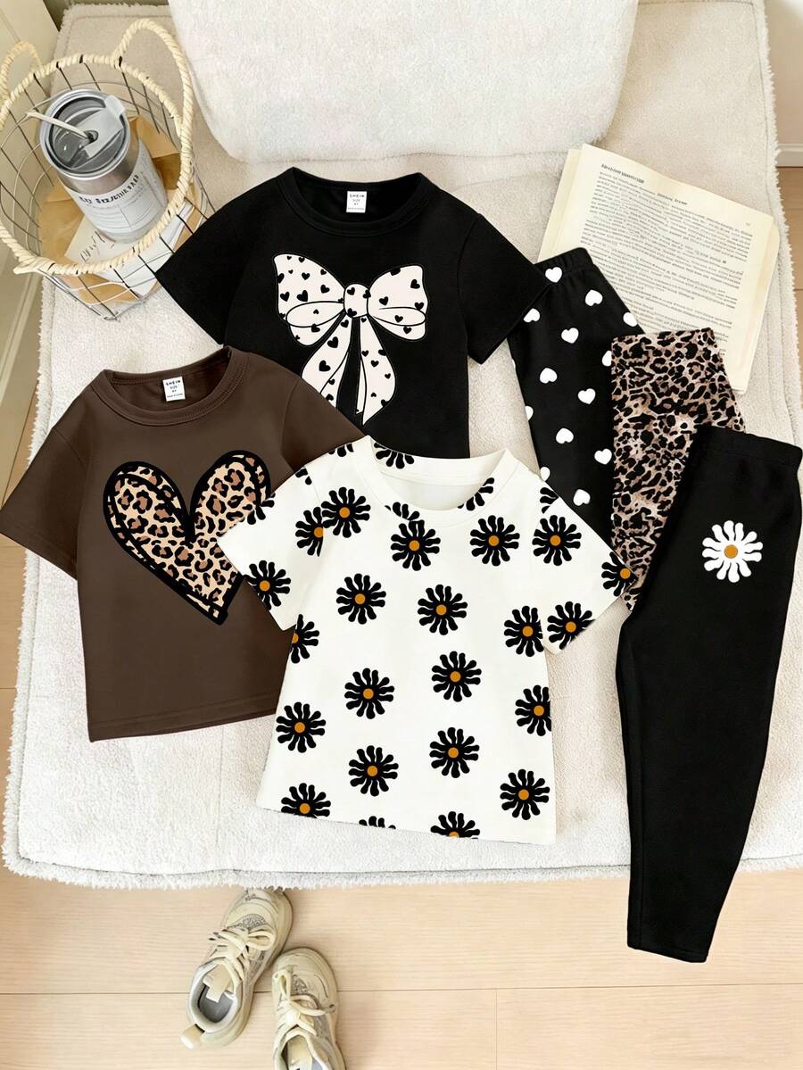 2pcs/Set Girls' Casual Chic Bowknot Leopard Print Pattern T-Shirt And Leggings Outfit, Comfortable Daily Wear For Spring, Summer And Autumn - Multicolor - View 1