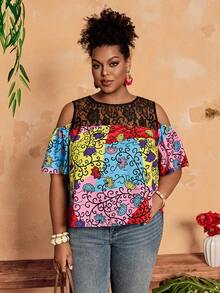 BrightlyHer Damen Große Größen Lässig Spitze Patchwork Blume Muster Schulterfreies Top - Verschiedenfarbig - Übersicht 5