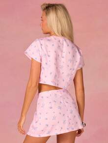 Athîral Women's Elegant Ditsy Floral Shirt And Skirt 2 Pieces Set, Summer - Pink - View 2