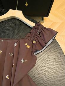 Women's Square Neck Cap Sleeve Ruffle Trim Casual Summer Top - Coffee Brown - View 6