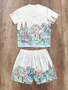 Sorvial Bộ 2 món đồ nam phong cách thường ngày, in họa tiết graffiti, gồm áo thun ngắn tay và quần short, thích hợp cho mùa hè. - trắng - Xem 8