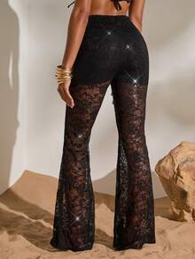 Opulessa Pantalones de punto de unicolor para mujer, primavera/verano - Negro - Ver 2