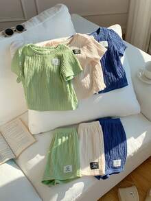 SHEIN 6pcs/Set Unisex Baby Clothes, Summer Casual Cute Solid Color Letter Print Short Sleeve T-Shirt & Elastic Waist Shorts Set, Basic Multi-Pack - Multicolor - View 5