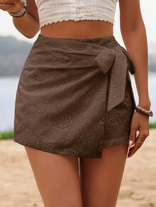 Glamine Women's Summer Beach Eyelet Embroidery Tie Side Wrap Skirt - Coffee Brown - View 4