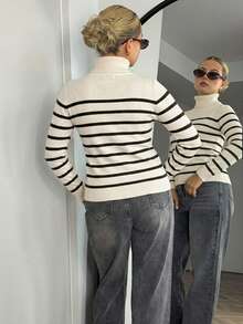 Bethéva New Autumn/Winter High Neck Slim Fit Striped Patchwork Thermal Lined Pullover Sweater For Women - Apricot - View 3