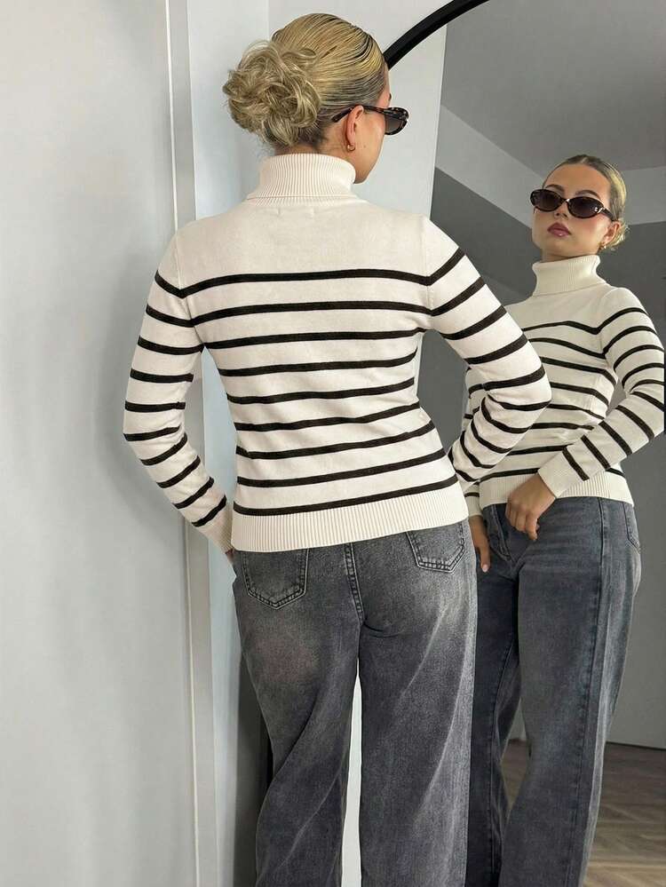 Bethéva 新款秋冬女式高领修身条纹拼接保暖内衬套头衫 - 杏色 - 查看 3