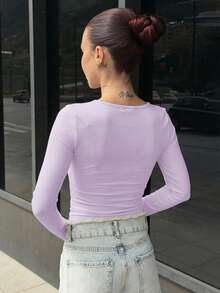 Abrilcols Camiseta de manga larga de ajuste ceñido de unicolor casual para mujer - Morado - Ver 2